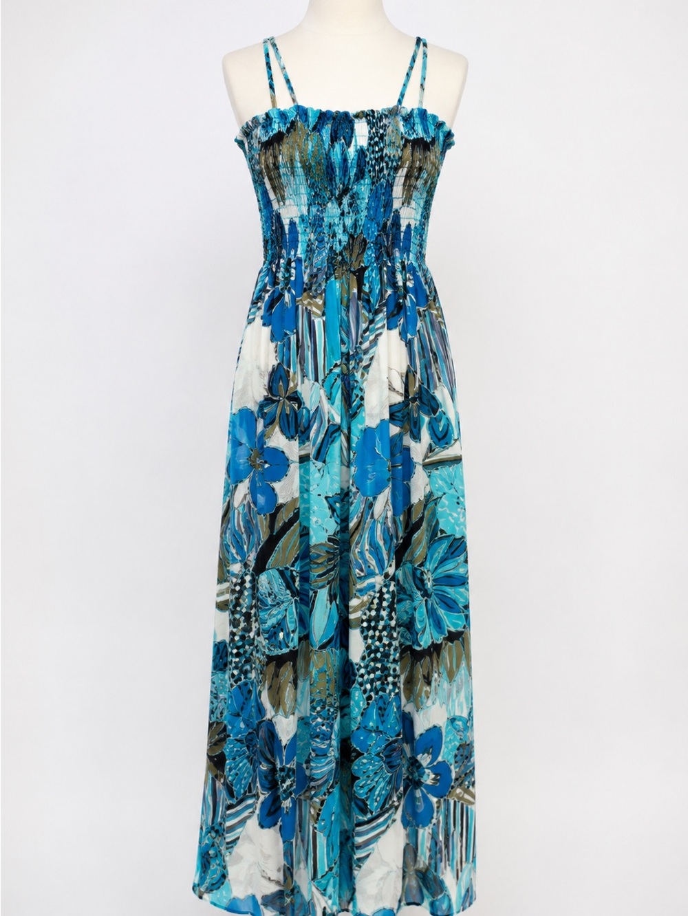 100% cotton My Cynthia Matthews Smocked Maxi Dress Floral Boho Spaghetti Strap